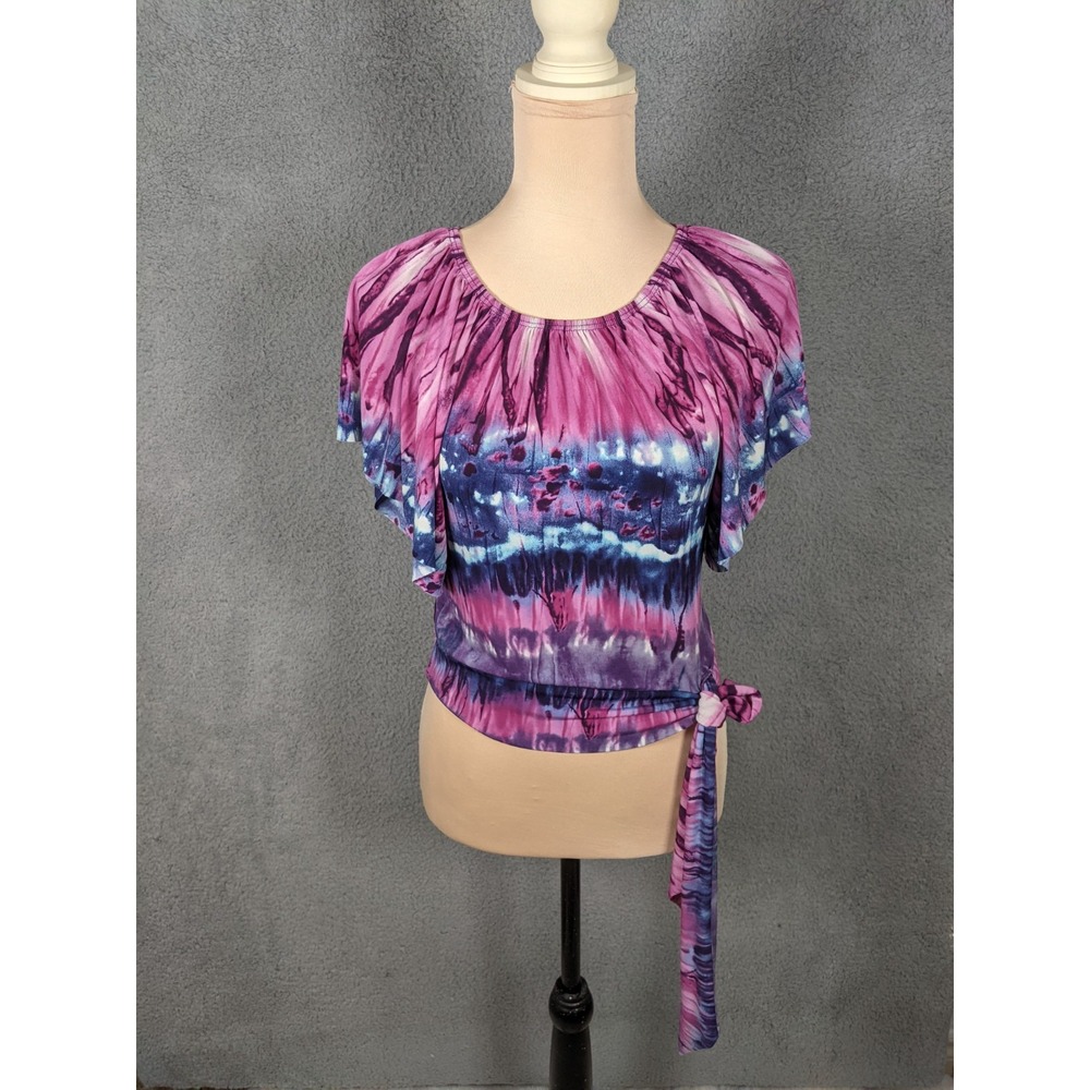 Vtg Y2K IZ Byer Blouse Women M Purple Tie Dye Flutter Sleeve 90s Galaxy Cyber